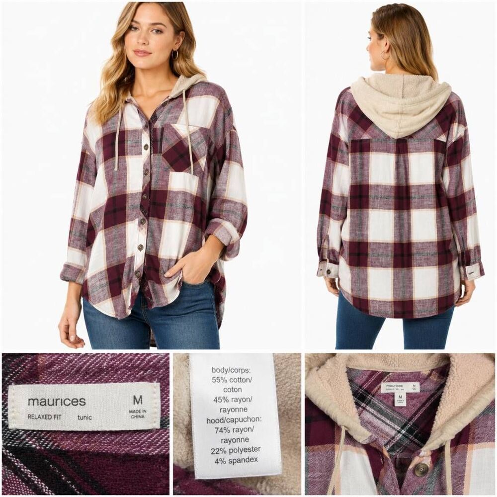 Maurices 1X Plaid Hooded Flannel Sherpa Lined Plus Size